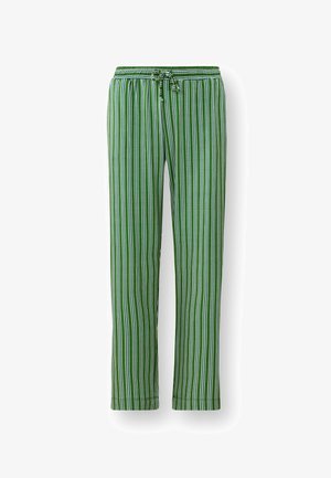 Grün gestreifte Hose mit einem Kordelzugbund. Der Stoff weist abwechselnd dünne weiße und dunkelgrüne Streifen auf, hat eine glatte Textur und ein gerades Bein-Design.