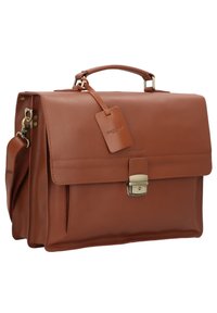 Braune Lederaktentasche mit strukturiertem Design, Magnetverschluss, abnehmbarem Schultergurt und einem Gepäckanhänger am Griff.