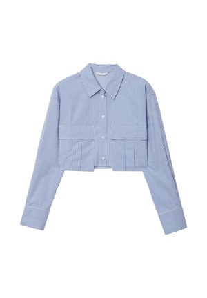 Camicia cropped a maniche lunghe con righe verticali blu e bianche. Presenta un colletto, due tasche frontali e maniche lunghe con dettagli sui polsini.