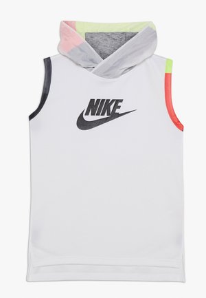 Hihaton valkoinen Nike-urheiluhuppari mustalla logolla, monivärisellä reunuksella hihojen aukkojen kohdalla ja vaaleanharmaalla hupun vuorella.