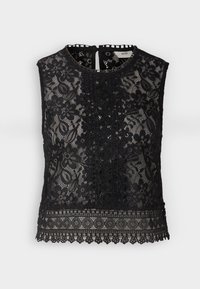 Haut en dentelle noire avec motif floral, encolure ronde, dos à ouverture en goutte d'eau, et ourlet détaillé avec bords festonnés et rayures verticales.