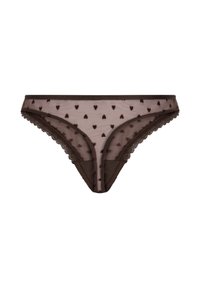 Braune Unterhose mit Spitzendetails aus transparentem Stoff, der erhabene Herzmuster in Dunkelbraun aufweist. Im klassischen Slipschnitt.