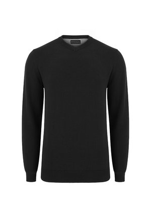 Czarny sweter wykonany z dzianiny, z dekoltem w kształcie V. Długie rękawy, ściągacze przy rękawach i u dołu. Gładka struktura, klasyczny krój. Brak widocznych wzorów lub akcentów.
