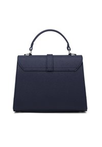Borsa strutturata blu navy con manico superiore, superficie liscia, pattina pieghevole e dettagli di cucitura sottili. Accenti in metallo color argento.