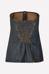 Denim bezramienkový top so smockovaným stredom, s rozšíreným spodkom, tmavomodrej farby a kontrastnými švami.