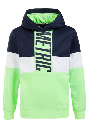 Kapuzenpullover mit Marineblau-, Weiß- und Neon-Grün-Farbflächen, neon-grünem Innenfutter der Kapuze und dem vertikal auf dem Vorderteil befindlichen Schriftzug "METRIC".