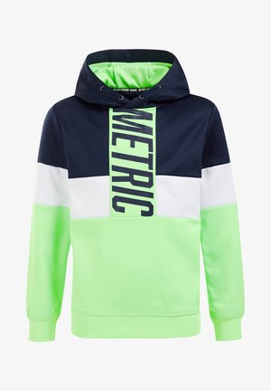 Kapuzenpullover mit Marineblau-, Weiß- und Neon-Grün-Farbflächen, neon-grünem Innenfutter der Kapuze und dem vertikal auf dem Vorderteil befindlichen Schriftzug "METRIC".
