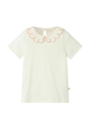 Biała koszulka dla malucha z krótkim rękawem, z karbowanym kołnierzykiem typu Peter Pan obszytym różowym haftem i zapięciem na guziki z tyłu.