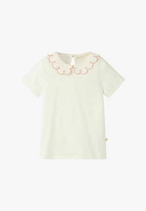 Weißes Babyshirt mit kurzen Ärmeln und gewelltem Peter-Pan-Kragen, der mit pinker Stickerei umrandet ist, mit Knopfverschluss auf der Rückseite.