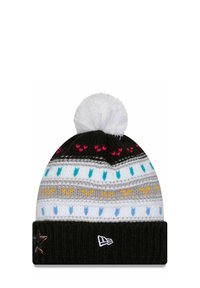 Strickmütze mit einem weißen Pompon, versehen mit schwarz-, grau- und weißen Streifen sowie bunten Mustern in pink, blau und gelben Akzenten.