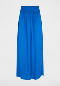 Gonna lunga maxi blu con vita arricciata, realizzata in un tessuto liscio e leggero, dotata di un'apertura laterale per la ventilazione.