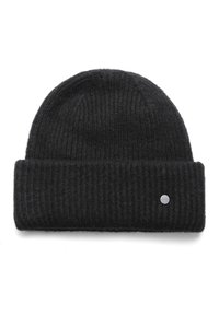 Černá pletená čepice s pružným vzorem a ohnutým lemem, s malým kovovým logem na boku.