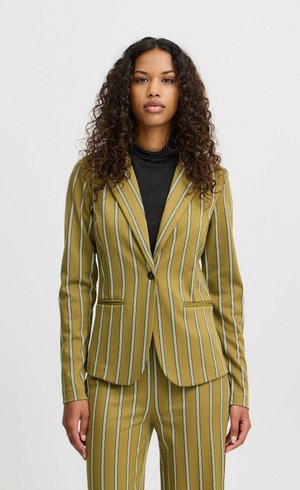 Gestreifter Senf-Blazer mit vertikalen weißen Linien, aus strukturiertem Stoff gefertigt. Verfügt über ein tailliertes Design, Reverskragen und Fronttaschen.