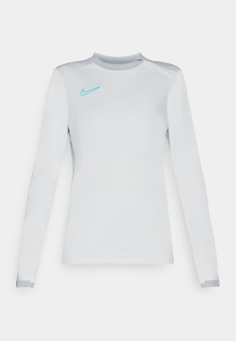 Langarm Nike shirt in het wit met een lichtblauw logo. Het heeft een ronde halslijn, een soepele textuur en grijze accenten bij de manchetten.