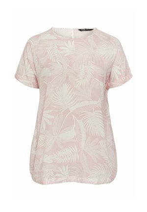 Lyserød kortærmet bluse med hvidt tropisk bladtryk, rund halsudskæring og nøglehulsknaplukning bagpå.