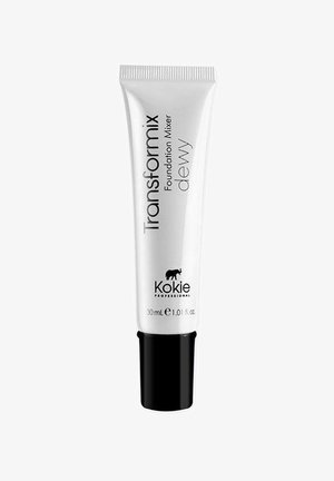 Valkoinen putki mustilla yksityiskohdilla, jossa lukee "Transformix Foundation Mixer Dewy" merkiltä Kokie Professional, tilavuus 30 ml. Silkkinen pinta.