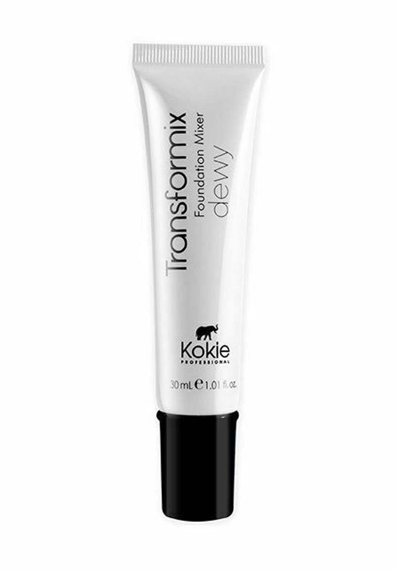 Hvid tube med sorte accenter mærket "Transformix Foundation Mixer Dewy" fra Kokie Professional, indeholdende 30 ml. Glat finish.