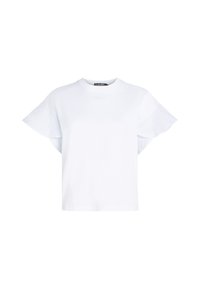 Tricou scurt cu mânecă albă, cu guler rotund și mâneci volănașe. Fabricat dintr-un material moale, cu un detaliu subtil al logo-ului pe față.