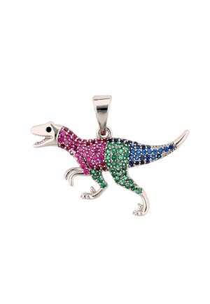 Dinó alakú medál rózsaszín, zöld és kék drágakövekkel, ezüst testre szerelve, láncnak fenntartott hurkokkal.