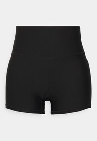 Black athletic shorts with a fitted design, smooth texture, high waistband, and stitching details. Features a mid-thigh cut and no visible patterns.