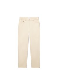 Pantaloni in cotone beige con taglio dritto, cinque tasche e chiusura con bottone. Tessuto liscio senza motivi o dettagli visibili.
