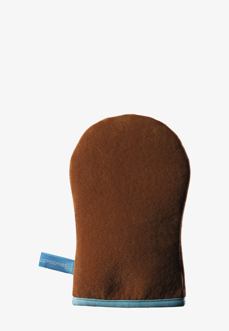 Guanto per abbronzatura marrone realizzato in tessuto morbido con una parte superiore arrotondata; presenta un ribattuto azzurro e una piccola etichetta blu con la scritta "COMODYNES."