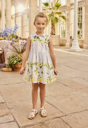 Mladé dievča v šatách bez rukávov s potlačou citrónov a v sandáloch stojí vo vnútri na kamennej podlahe pri rastlinách a ozdobenom stole.