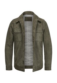 Olivgrüne Cordjacke mit Knopfverschluss, zwei Fronttaschen und grauem kontrastierendem Futter mit vertikalen Streifen.