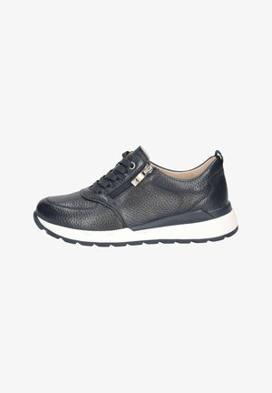 Navy leather sneaker with textured upper, laces, and side zipper; white midsole and black rubber outsole with a geometric pattern.
