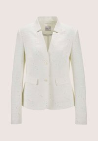 Witte blazer gemaakt van textuurstof met subtiele pailletten. Heeft een notch-kragen, twee voorkieven en een enkele knoopsluiting.