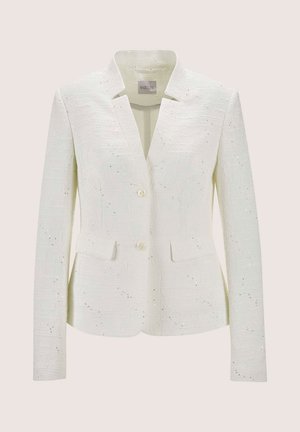 Weißer Blazer aus strukturiertem Stoff mit dezenten Pailletten. Verfügt über einen Reverskragen, zwei Fronttaschen und einen einzelnen Knopfverschluss.