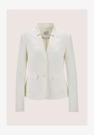 Weißer Blazer aus strukturiertem Stoff mit dezenten Pailletten. Verfügt über einen Reverskragen, zwei Fronttaschen und einen einzelnen Knopfverschluss.