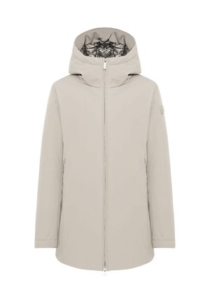 Svetlo bež jakna s kapuco, z elegantnim dizajnom, sprednjim zadrgo in quiltano notranjostjo. Ima diskretne stranske žepe in akcent z logotipom.