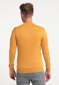 Gul stickad tröja med långa ärmar, ribbade muddar och nederkant, visad bakifrån mot en neutral bakgrund, tillsammans med grå jeans.