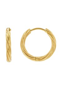 Goldene Creolen mit einem gedrehten Design, ausgestattet mit einer glatten Oberfläche und einem sicheren Verschlussmechanismus für bequemes Tragen.