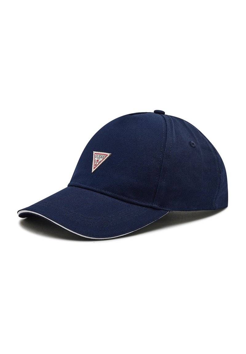 Marinblå basker med en något strukturerad design, tillverkad av tyg, som har en trekantsformad logopatch och en vit detalj på skärmen.