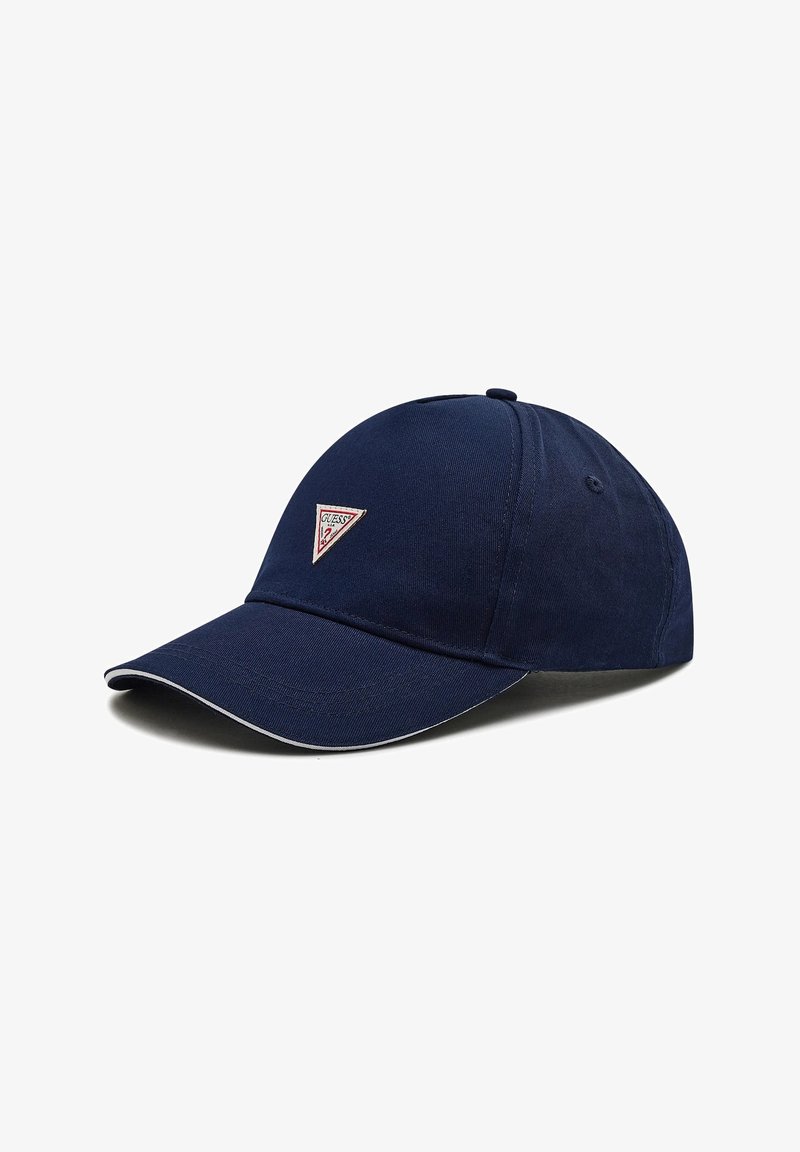 Casquette de baseball bleu marine en tissu avec un design légèrement structuré, mettant en avant un écusson logo triangulaire et un accent blanc sur la visière.
