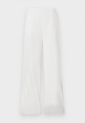 Λευκό παντελόνι φαρδιάς γραμμής με δαντέλα με μάτι στο τελείωμα, ελαστική μέση και λεπτό ύφασμα.