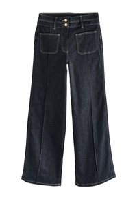 Jean en denim foncé à jambe large avec deux poches avant, fermeture à double bouton, et détail de couture contrastante. Texture lisse, design épuré.