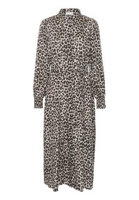Langärmliges, tailliertes Kleid mit Leopardenmuster, durchgeknöpftem Vorderteil und elastischen Bündchen, in neutralen Beige- und Schwarztönen.