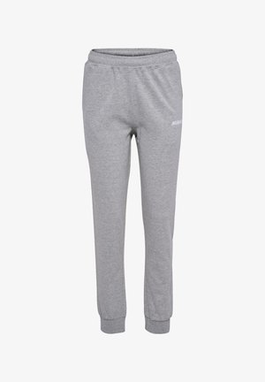 Pantalones de chándal grises con cinturilla y puños elásticos, hechos de material suave. Presenta un pequeño logo en blanco en el lado izquierdo.