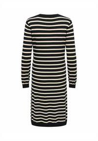 Robe rayée noire et crème, en tissu tricoté. Présente des manches longues et un col arrondi, avec une silhouette évasée en forme de A.