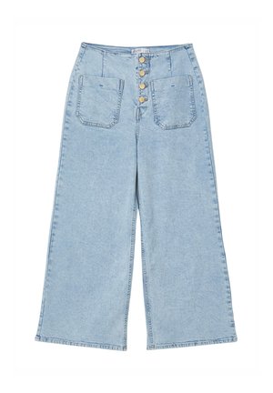 Jeans a gamba larga di colore blu chiaro, realizzati in denim, con vita alta, chiusura a cinque bottoni e due tasche frontali dal design classico.