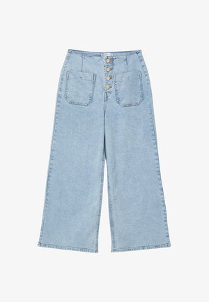 Jeans larges en denim bleu clair, avec une taille haute, une fermeture à cinq boutons et deux poches avant au design classique.