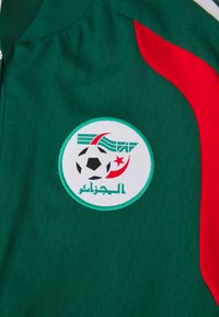 Zeleno-červený športový dres s emblémom národného futbalového tímu Alžírska, ktorý obsahuje futbalovú loptu, mesiac, hviezdu a arabský nápis.