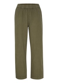 Pantalon large de couleur olive, avec une taille élastique, fabriqué en coton doux. Présente une coupe droite classique et des détails de couture minimalistes.