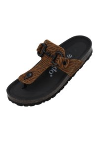 Brun og sort zebra-mønstret sandal med en tåpost, justerbare stropper og en tekstureret sort gummisål. Størrelse 37 markeret på indersålen.