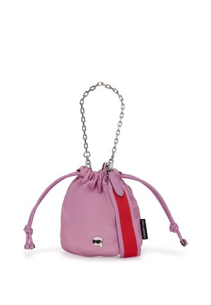 Pink, drawstring pouch bag made from smooth material. Features a silver chain strap, red accent stripe, and a small emblem detail.