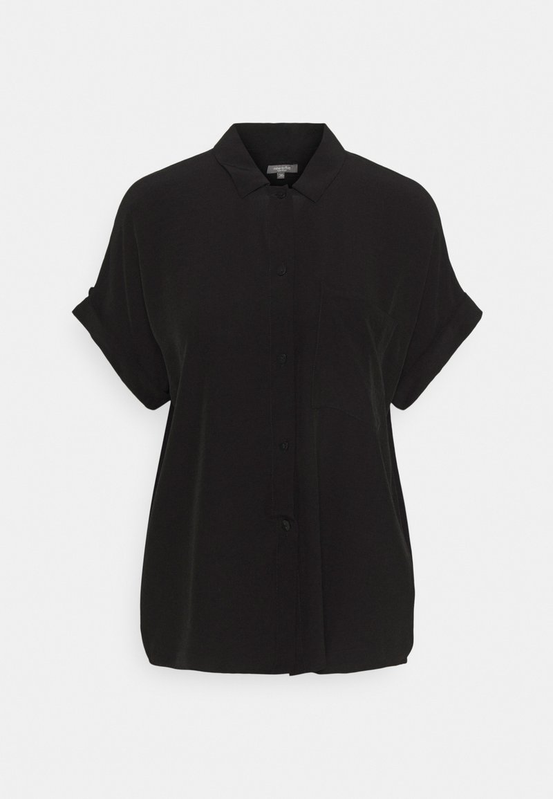 Chemise noire à manches courtes avec col et une seule poche poitrine, affichée sur un fond blanc uni.