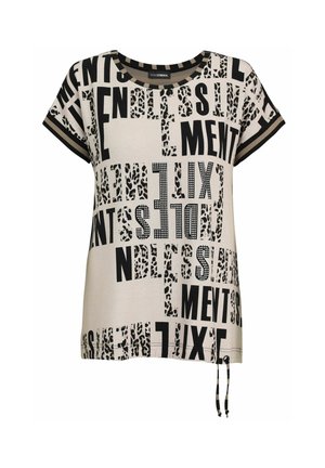 Short-sleeve beige shirt with mixed black text and leopard print patterns, striped collar and cuffs, and a drawstring at the hem.